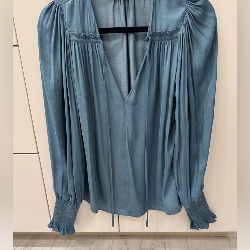 Rebecca Taylor blue sateen front tie blouse size medium